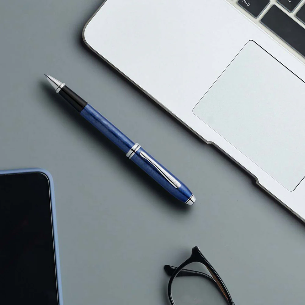 Cross Townsend Polished Translucent Cobalt Blue Engraved Diamond Pattern Rollerball Pen - Image 2