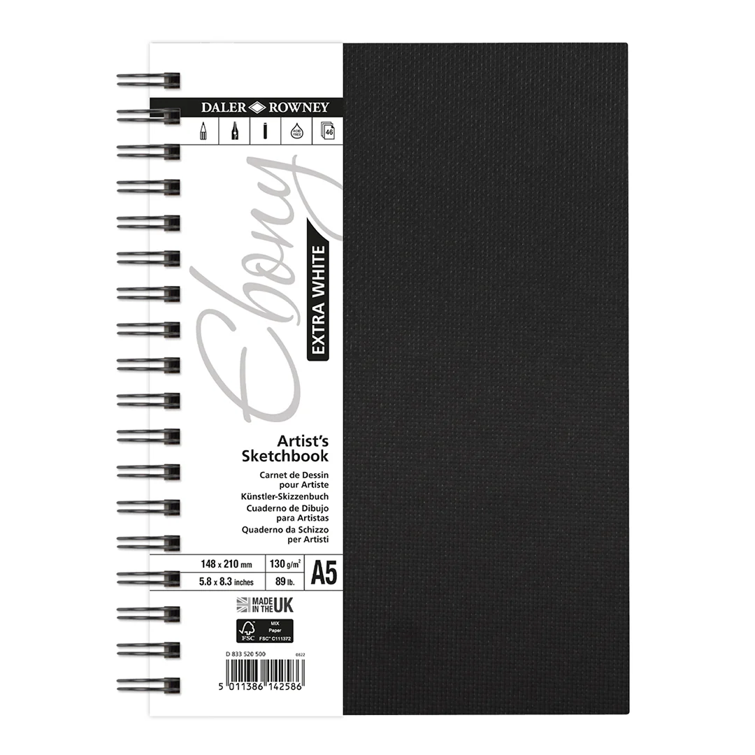Daler-Rowney Ebony Extra White Wirebound Sketchbook 130G A5 Portrait 46 Sheets