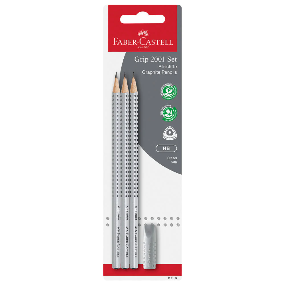 Faber-Castell Grip 2001 Graphite pencil Set of 3 HB + Eraser