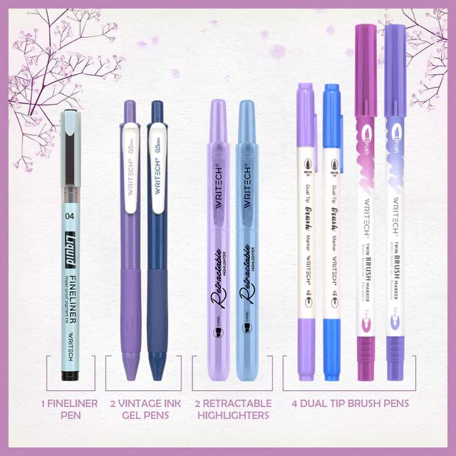 WRITECH 9 Piece Journal Kit with Pencil Case Purple and Blue - Image 2
