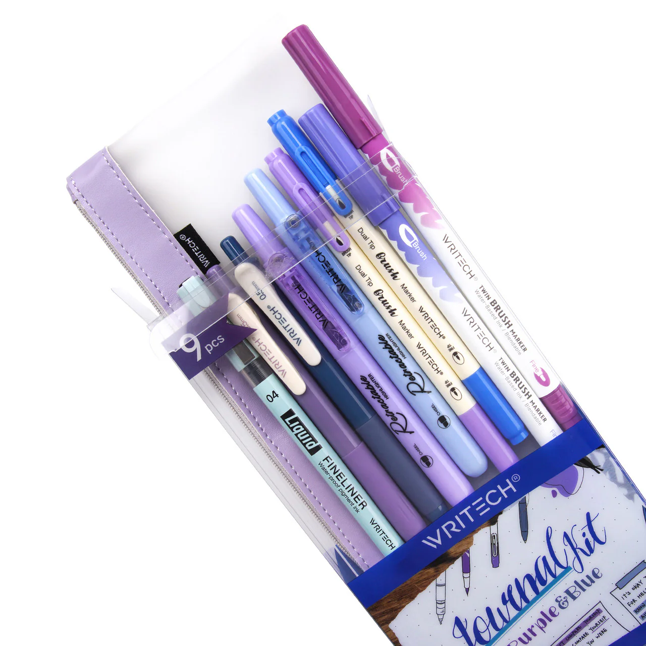 WRITECH 9 Piece Journal Kit with Pencil Case Purple and Blue - Image 4